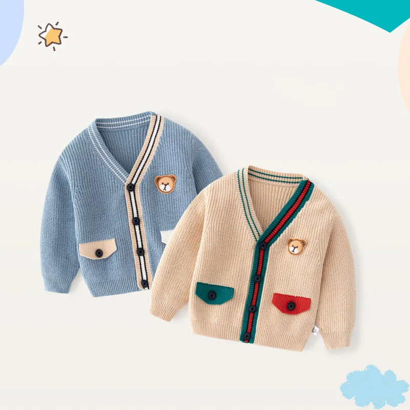 Ins Spring Autumn Children Boys Fit Knitted Pit Striped Baby Boys Sweater Patched Bear Cotton Buttons V-neck Toddler Boy Coat