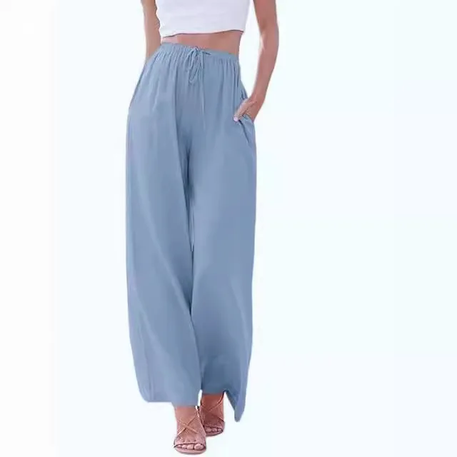 Pantalon en lin pour femmes, taille haute, jambes larges, coupe ample, Palazzo, poches élastiques, décontracté, plage, vacances, été, 2025