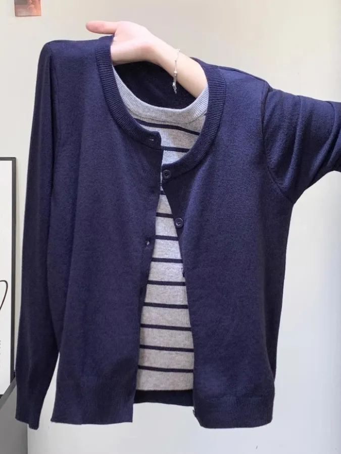 

Корейский Sle Lazy, повседневный вязаный топ, женский ранний осенний цветной полосатый круглый Ne, внутренняя одежда irt, искусственный двухсекционный