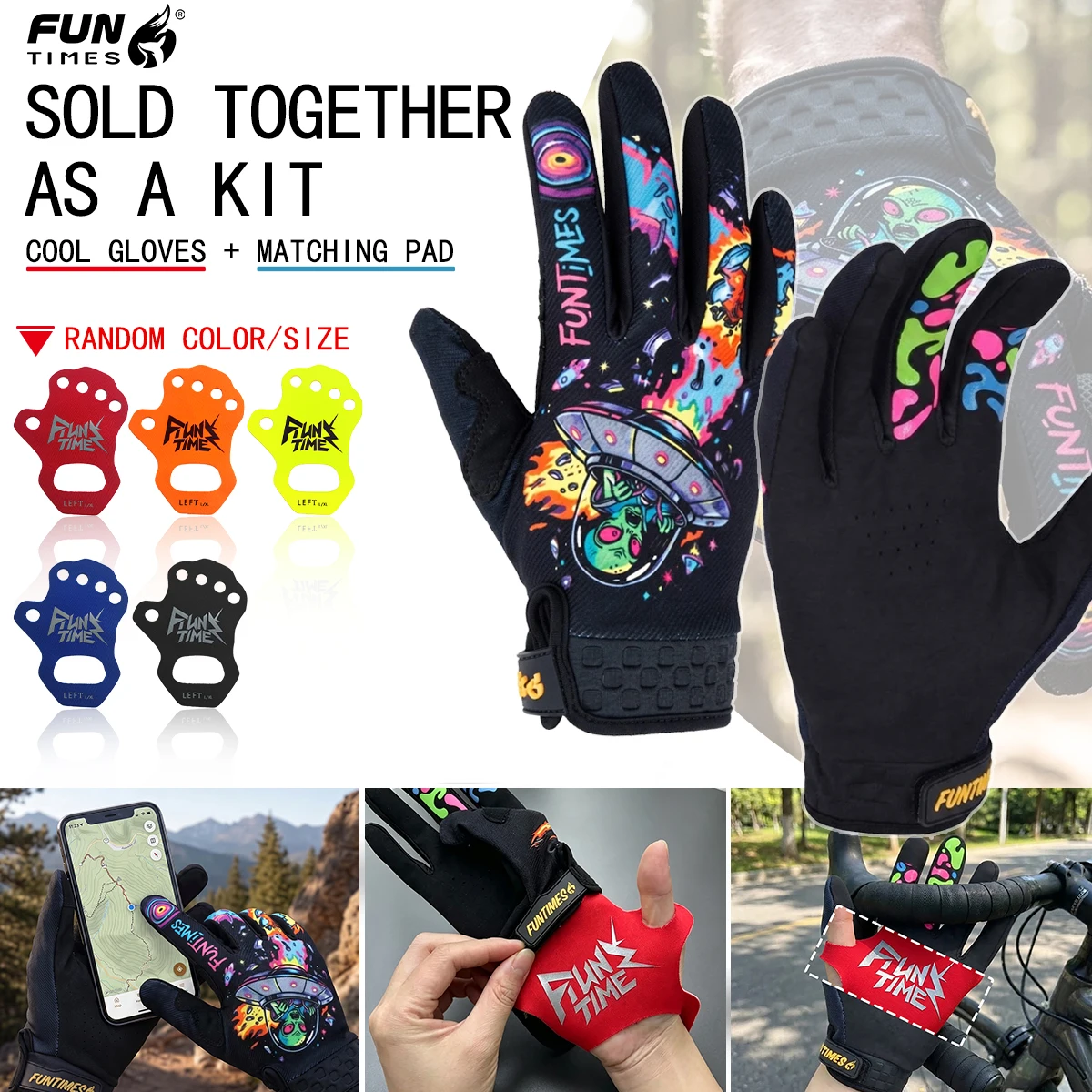 FUNTIMES Alien UFO Graffiti Full Finger Touchscreen Riding Gloves Comes with Matching Palm Mat (Color and Size Random)