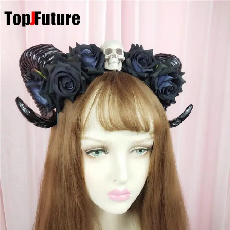 

Punk Gothic Lolita Cosplay Hair Hoops Halloween Skull Sheep Horn Headpiece Subculture Y2K Girls Demon Sheep Horn Headband