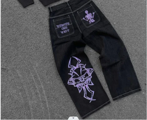 Y2K Jeans Mens Hip Hop Retro Skull Embroidery Washed Baggy Denim