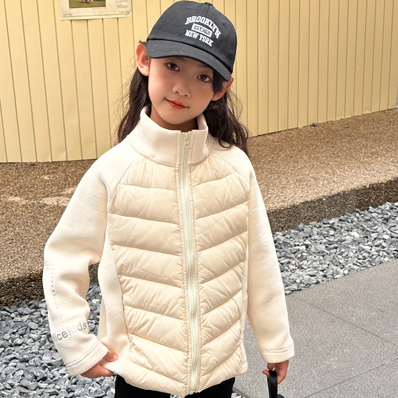 

Autumn Winter School Children Clothing's Jackets Boys Girls Kids Lightweight Down Cotton Coats Baby Simple Patchwork Outerwear
