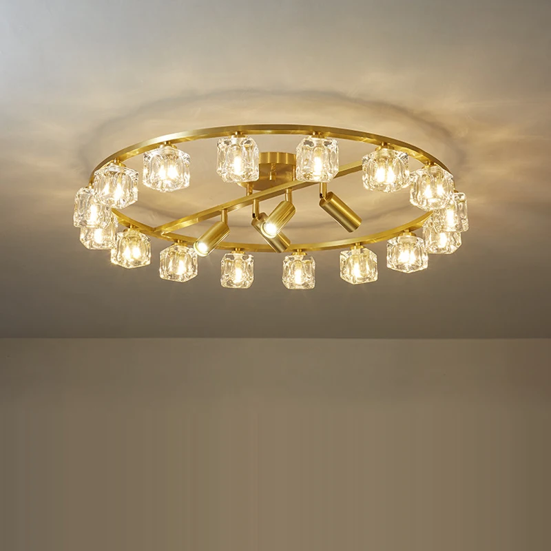 Post-Modern Trendy Copper Crystal Cube Spotlight Lamparas De Techo LED Ceiling Chandelier Ceiling Lamp For Living Room Bedroom