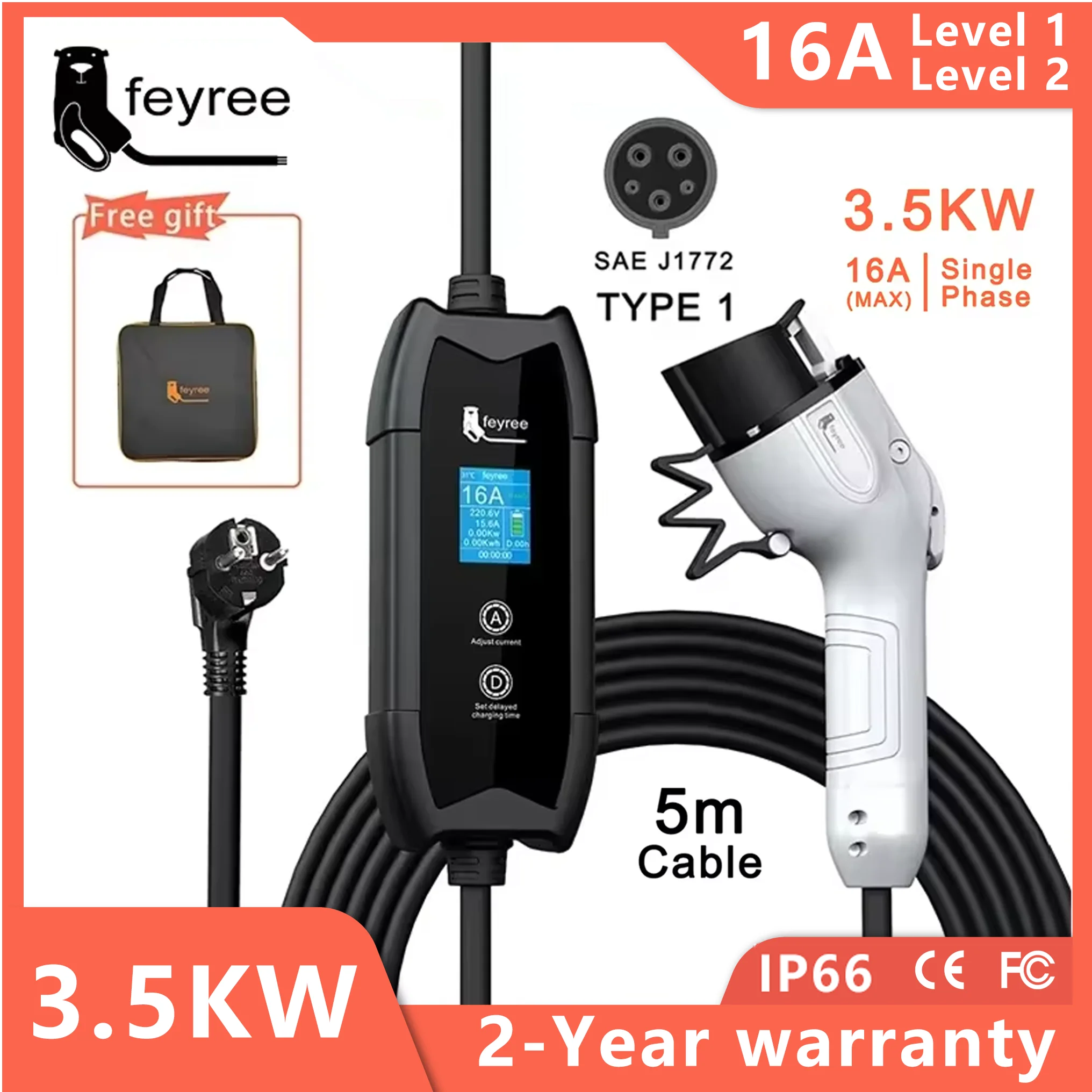 Feyree EV 충전기 타입 2 16A 3.5kW GBT 전기 자동차 5M 충전 케이블, J1772 타입 1 월박스, 전기 자동차