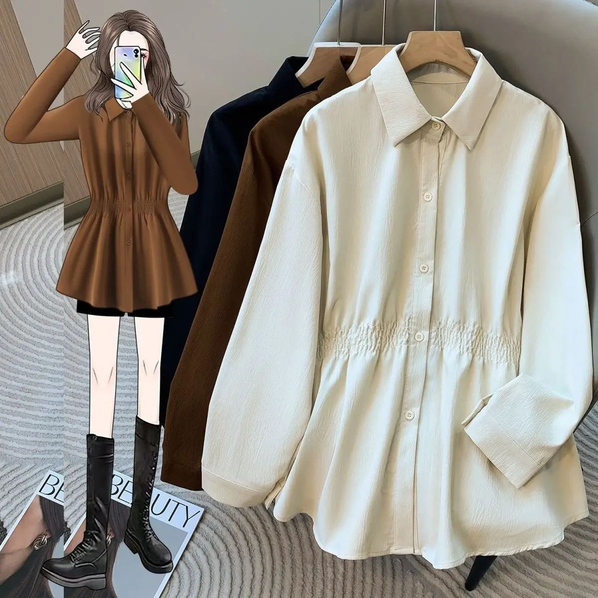 

Осенняя модная свободная однотонная рубашка с длинным рукавом с отделкой талии