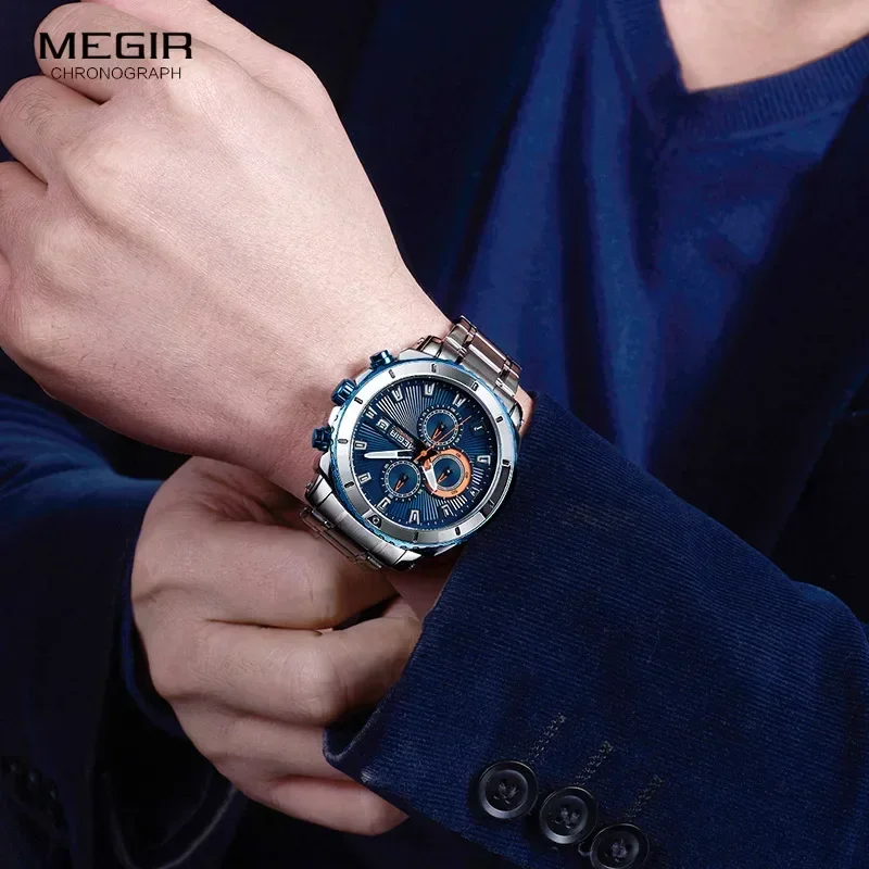 MEGIR Men's Blue Dial Chronograph Quartz Watches Fashion Stainless Steel Analogue Wristwatches for Man Luminous Hands 2075G-2