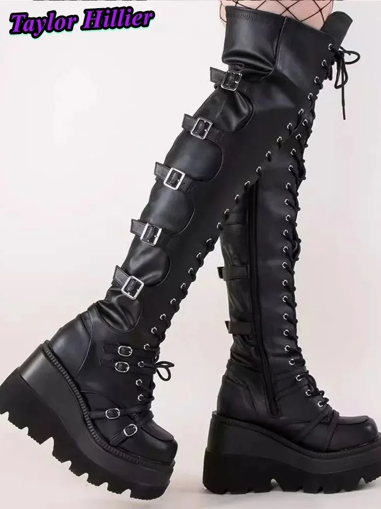 Готические ботинки Y2K с квадратным носком в стиле панк Botas на шнуровке, горячие туфли на квадратном каблуке с боковой молнией и пряжкой, черный рок, 9,5 см, туфли до колена