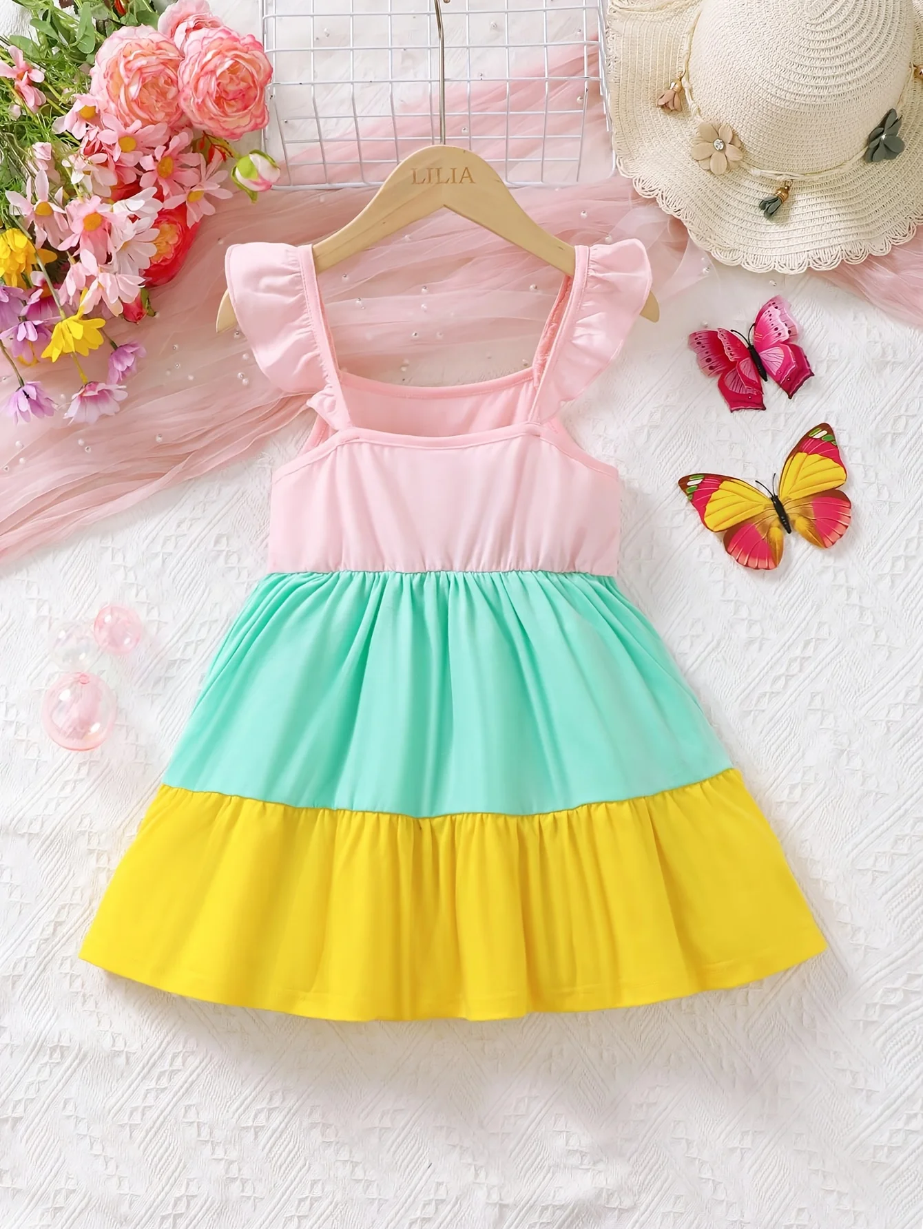 Fashion girls' summer letter printed dress with ruffled and sleeveless sun A-line casual skirt for 4-7Y children's clothing set