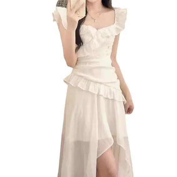 Ele Stampa floreale ter Dr Summer Fairy Gonna lunga Design Sweet Flng Sve Ultra Fairy Sle A-Line Midi Dr