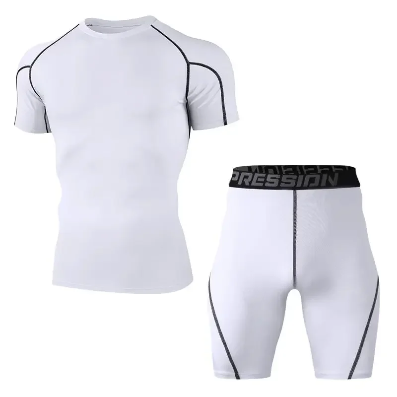 

Мужской комплект для фитнеса с короткими рукавами и шортами, плотный эластичный быстросохнущий комплект для тренировок, удобный и облегающий.