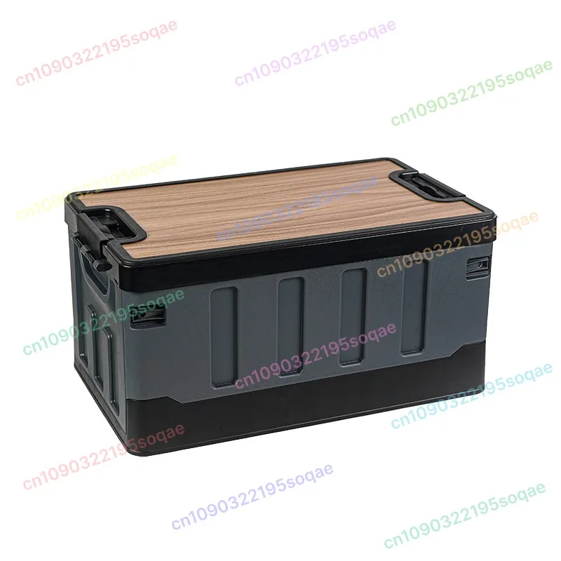 

Foldable Plastic Storage Box with Wooden Lid Outdoor Camping Organizer Car Trunk Storage Bin for Home Picnic RV
