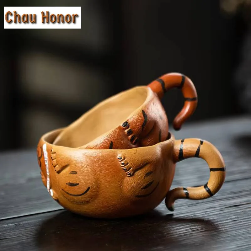 Yixing Raw Ore Purple Clay Cute Tiger Cup Tea Pet Tea Bowl Handmade Household Kung Fu Tea Set Master Cup Tea Ceremony Drinkware