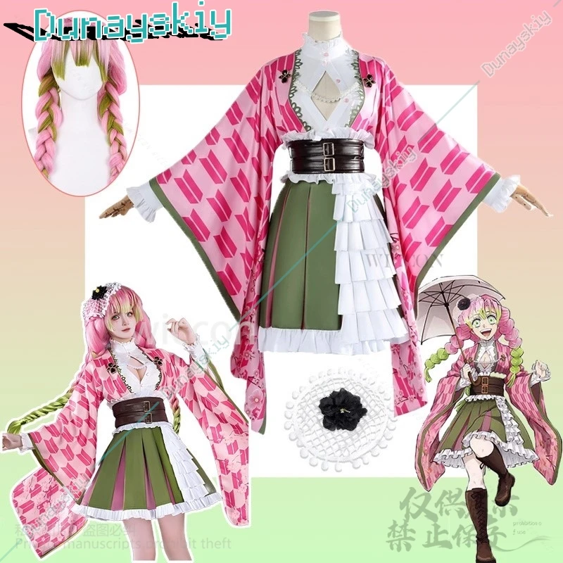 Kanroji Mitsuri Anime Dämon Mörder Cosplay Kostüm Für Frauen Mädchen Erwachsene Halloween Weihnachten Kimono Lolita Kleid Perücken Angepasst