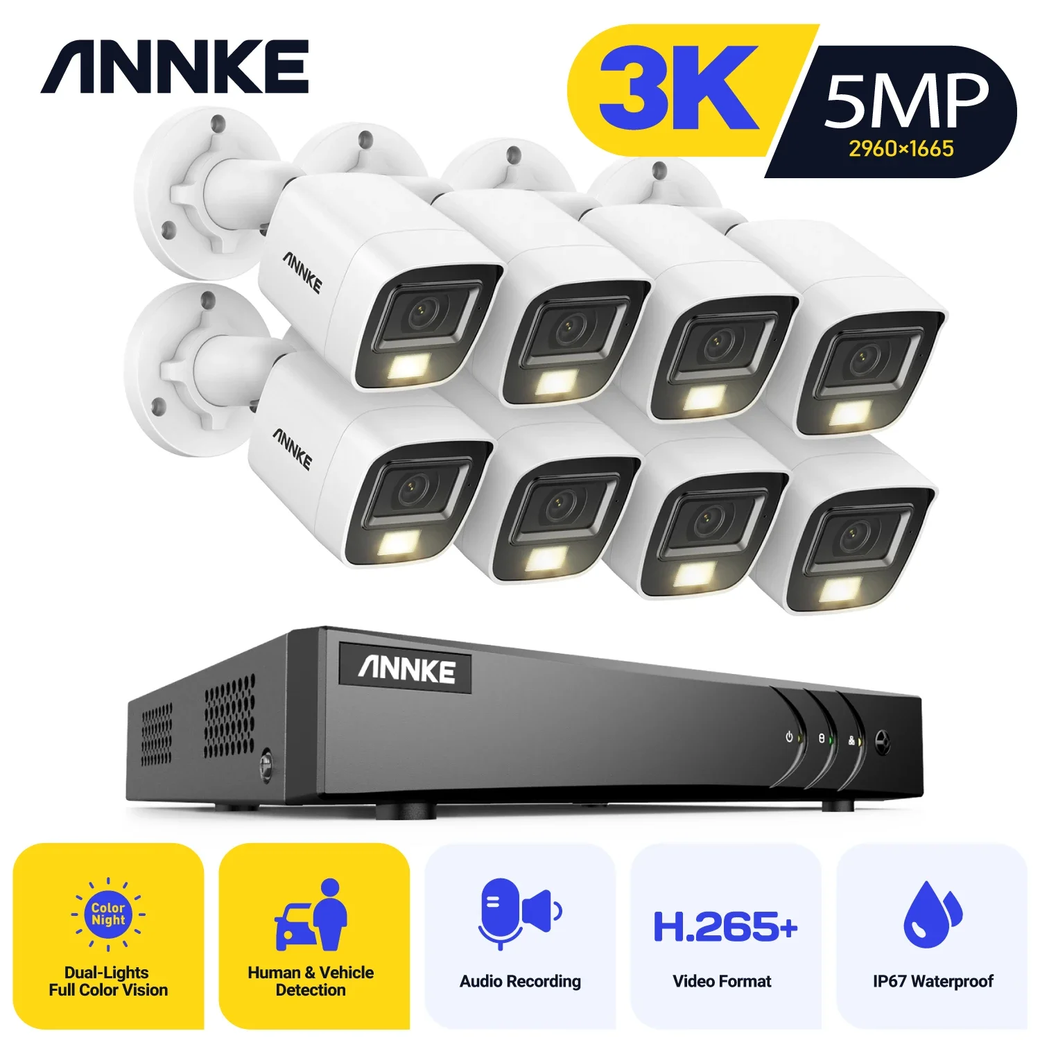 ANNKE 8-Channel 3K 5MP Hybrid DVR Security System With 8 Analog Outdoor Cameras: Night Vision, AI Detection, IP67 Weatherproof