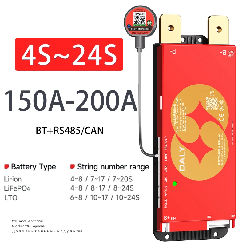 Smart DALY 100 Balance BMS 150A 200A Active Balance 1A 4S12V 8S24V 16S48V RS485 WIFI Build in Bluetooth for Lifepo4 Li-ion LTO