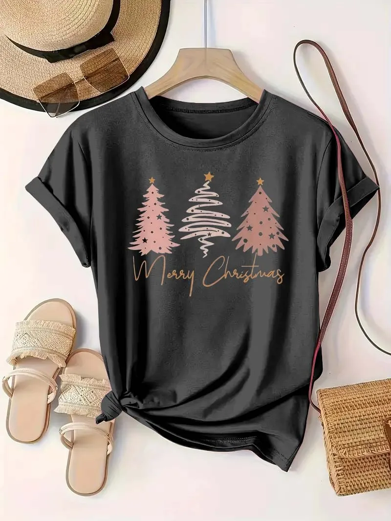 

Plus - Size Short Sleeve T - Shirt Women's Oversize Clothing: Pink Xmas Tree Merry Christmas Graphic