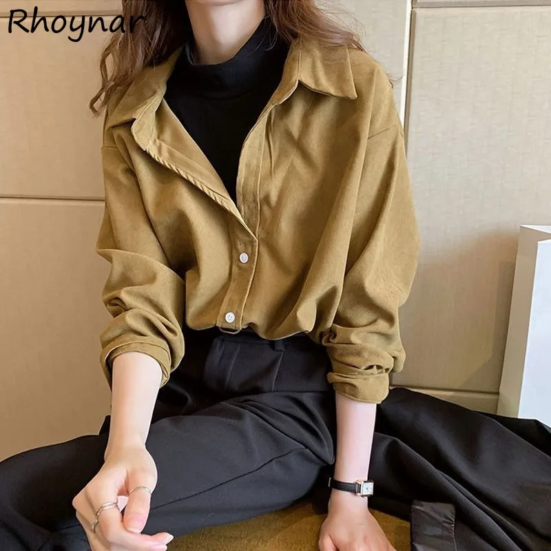 

Fake Two Pieces Shirts Women Vintage Chic Solid Simple All-match Leisure Tops Young Loose Fashion Corduroy Basic Streetwear Ins
