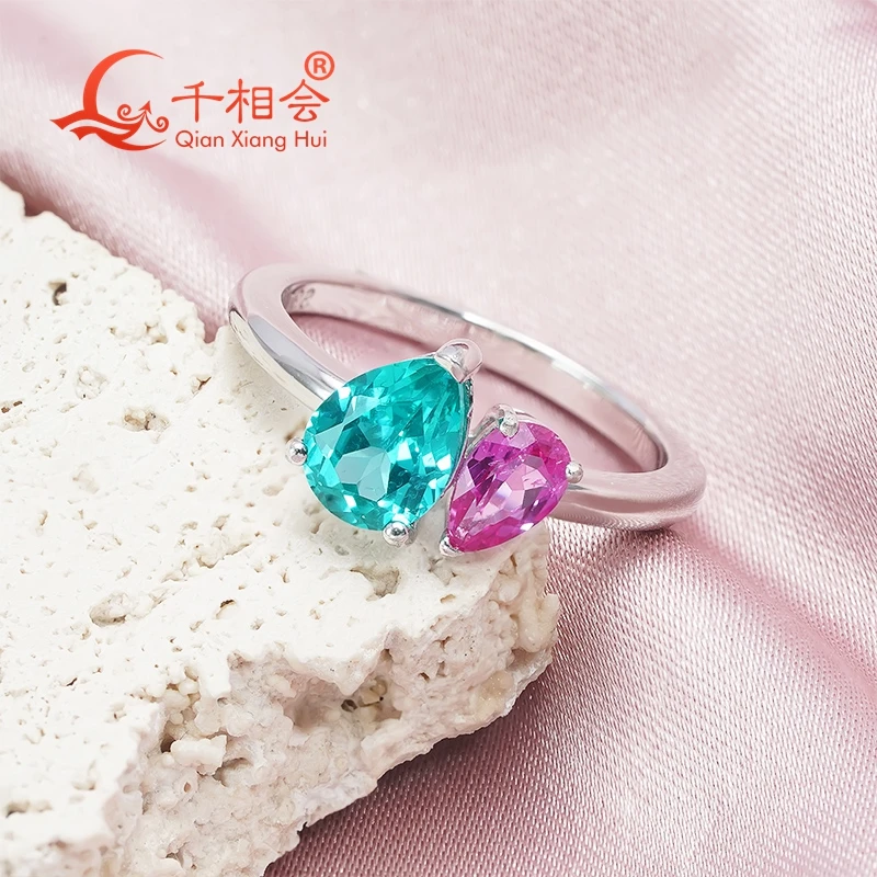 two pear stone pink lab grown sapphire stone with Paraiba color YAG  Ring Silver 925  Wedding Engagement Ring Women gift