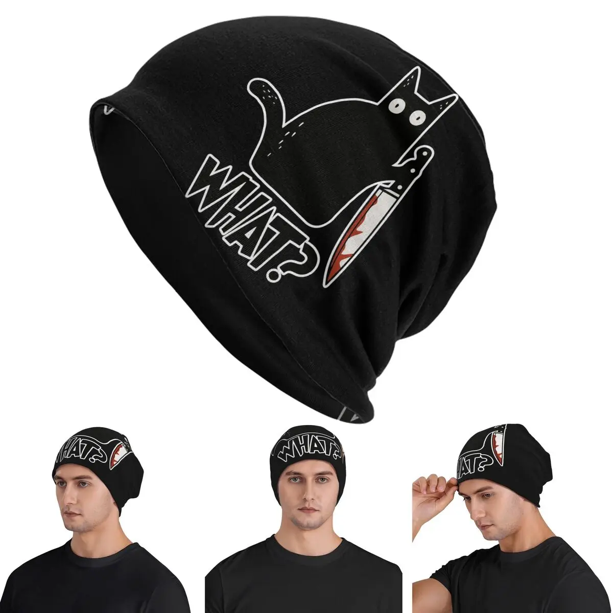

Кошка, яка убийца, черный кот с ножом, подарок, шапки премиум-класса Skullies, теплая осенняя уличная шапка, вязаные шапки для взрослых