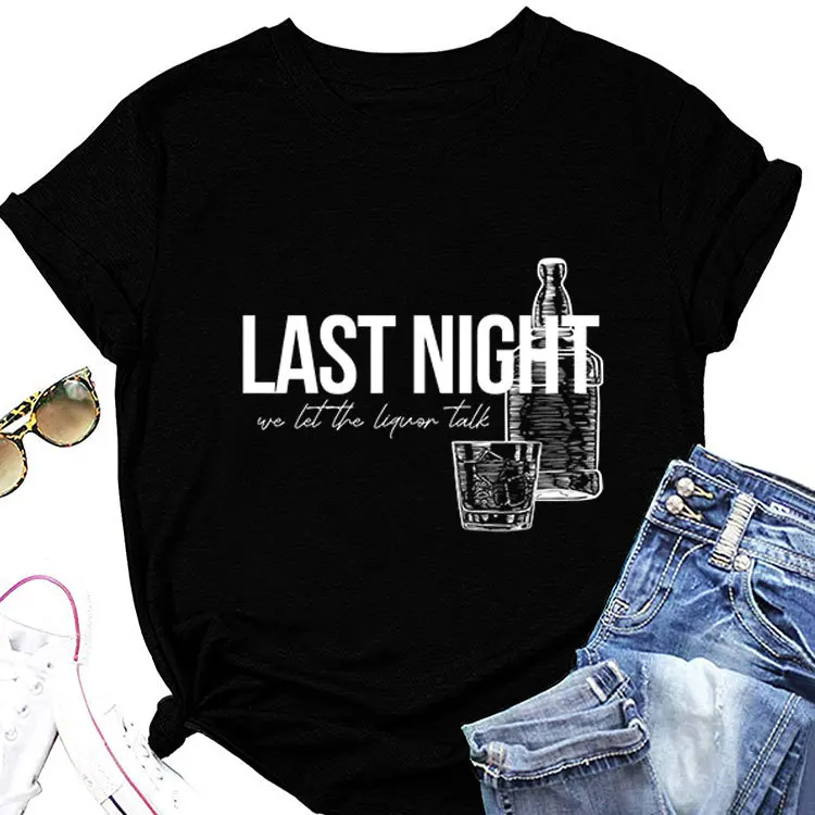 

Summer round neck T-shirt last night simple print loose short sleeve casual shirt new pullover