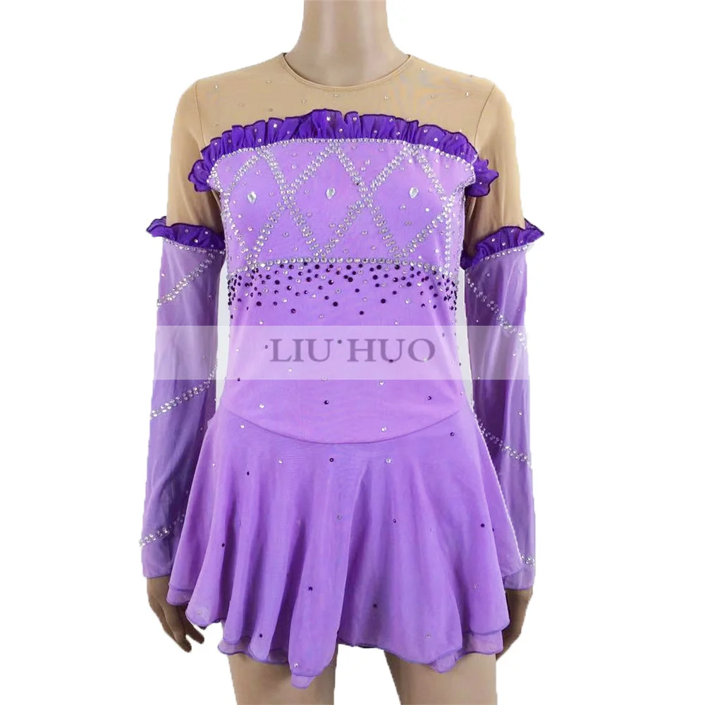 LIUHUO フィギュアスケートドレス女性女の子 Aldult アイスパフォーマンス体操競技ダンス衣装紫長袖バレエ