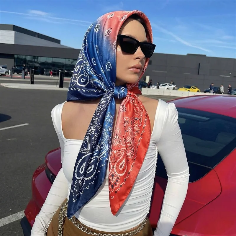 

90*90cm Square Silk Scarf Women Luxury Brand Satin Print Hijab Scarves Muslim Pareo Bandana Female Shawl Wrap Headband Foulard