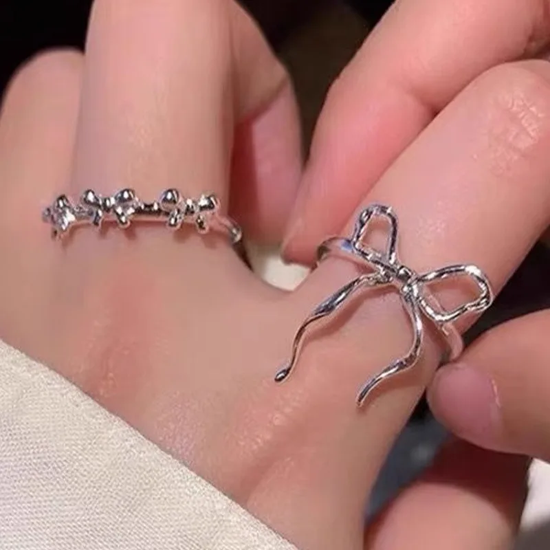 6 stks Koreaanse Zilveren Strik Lint Ringen voor Vrouwen Zoete Cool Geometrische Boog Opening Verstelbare Ringen Bruiloft Sieraden Geschenken