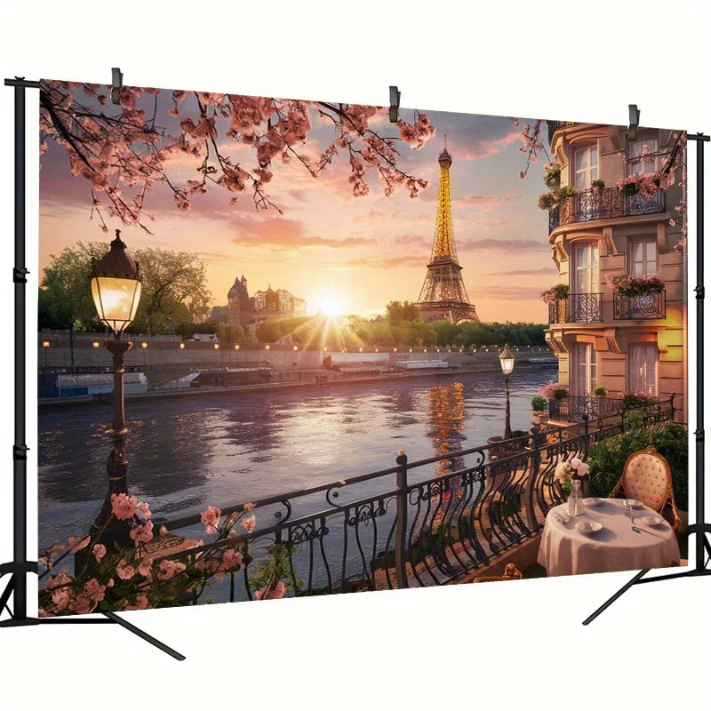 1 Stück Paris Frühlingslandschaft Hintergrund, Polyester-Wanddekorationsbanner, Eiffelturm und Flussansicht, Heim- und Raumdekoration – Detail 4