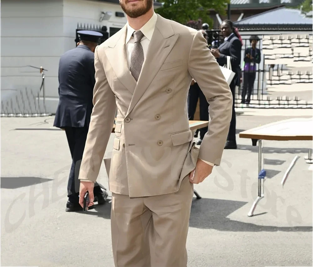 Double Breasted Men Two Piece Suit Solid Color Slim Blazer Pants Wedding Groom Business Office Prom Celebrity Formal Outfit
