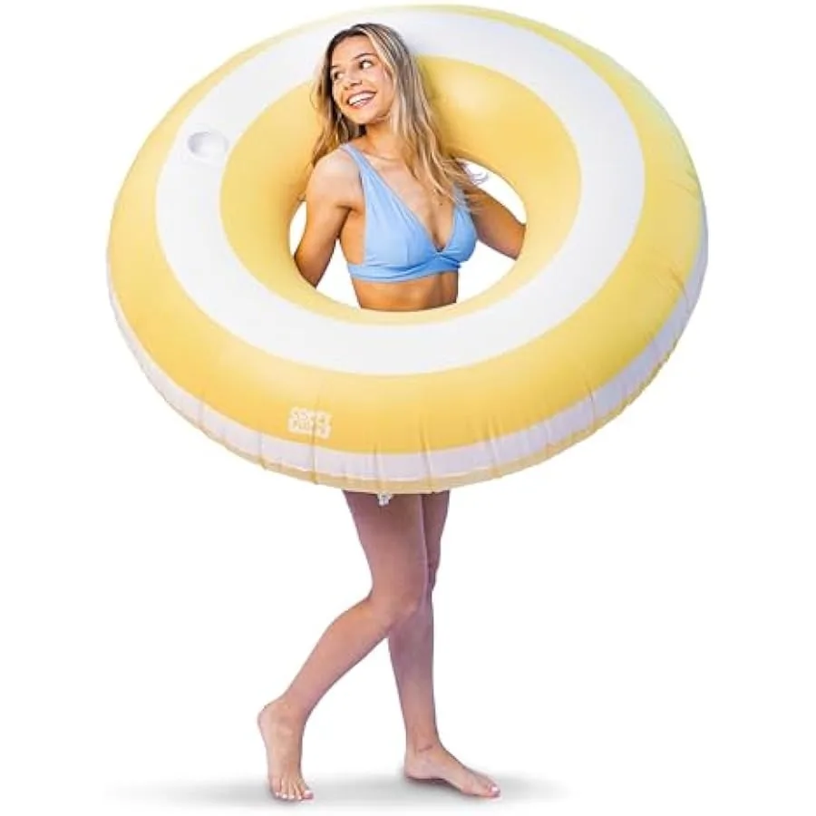 

Comfy Floats 2 Pack of Giant Inflatable Yellow Stripe Tube Floats Donut Style Pool Floats - Yellow and White