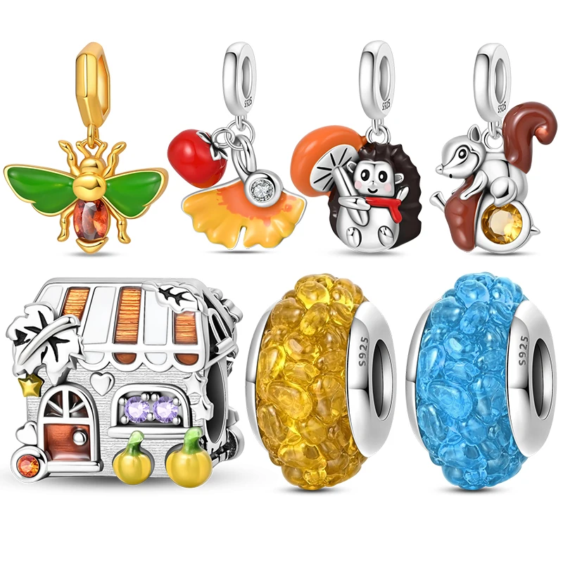 

925 Stering Silver Autumn Series Charms bee Squirrel Hedgehog Pendant Fit 3MM Original Bracelet DIY For Women Jewelry
