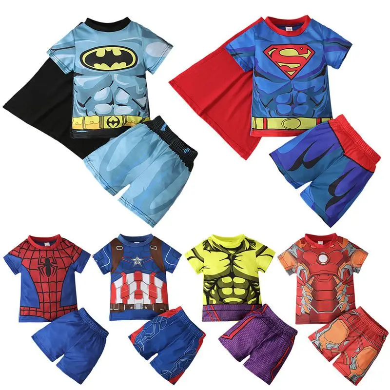 

New Marvel Avengers Iron Man Spider-Man Anime Boy Summer Short Sleeve Top Shorts Two-Piece Set Home Clothing Set Wholesale