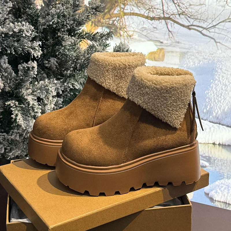 

Platform Women's Snow Ankle Boots Suede Mid Heel Cotton Shoes Short Plush Warm Boots Trendy Winter Casual Boots Botas De Mujer