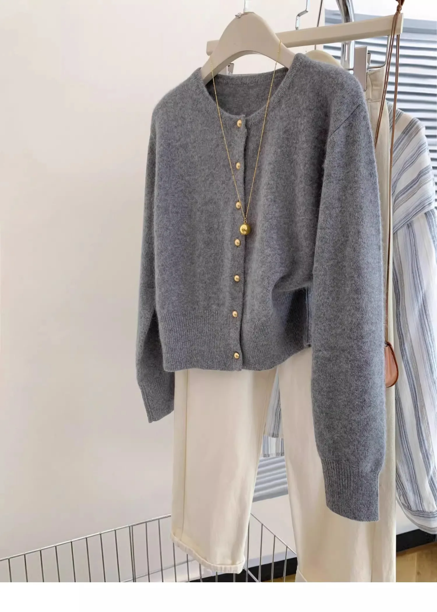 

Серый кашемировый свитер с плечами, кардиган, женский весенне-осенний новый дизайн, нишевый свитер, пальто