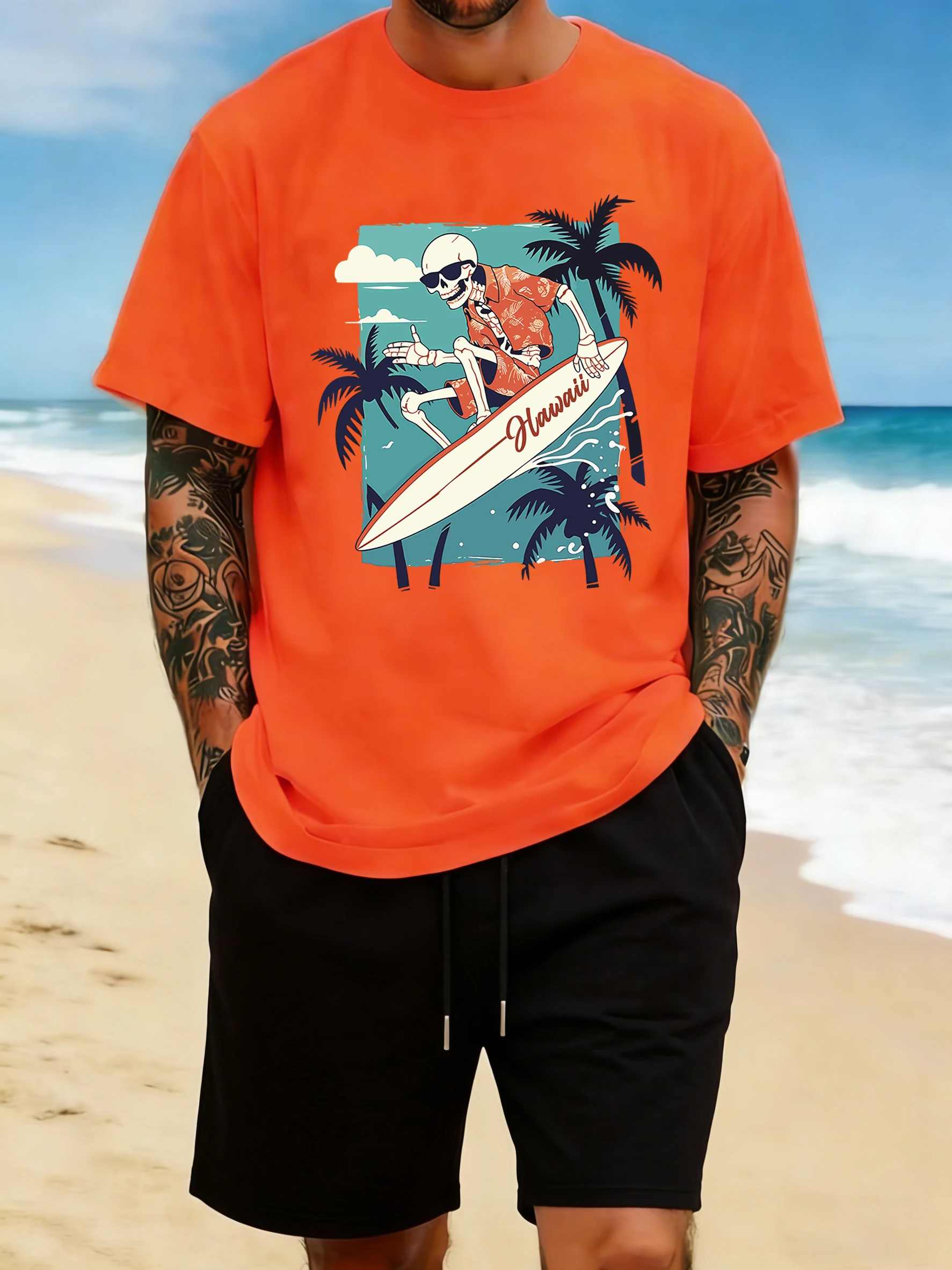 Hawaiianisches Skateboard-Skelett-Print Herren T-Shirt Hip-Hop Y2K Kleidung All-Match Baumwoll-T-Shirt Oversized Sommer Streetwear
