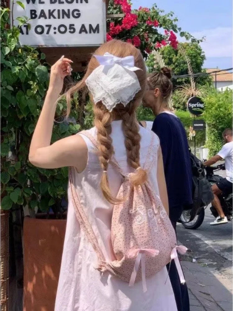 Bolsa De Ombro De Escola De Cordão Casual, arco De Flor Doce Menina, letras De Bordado, mochila De Viagem De Moda