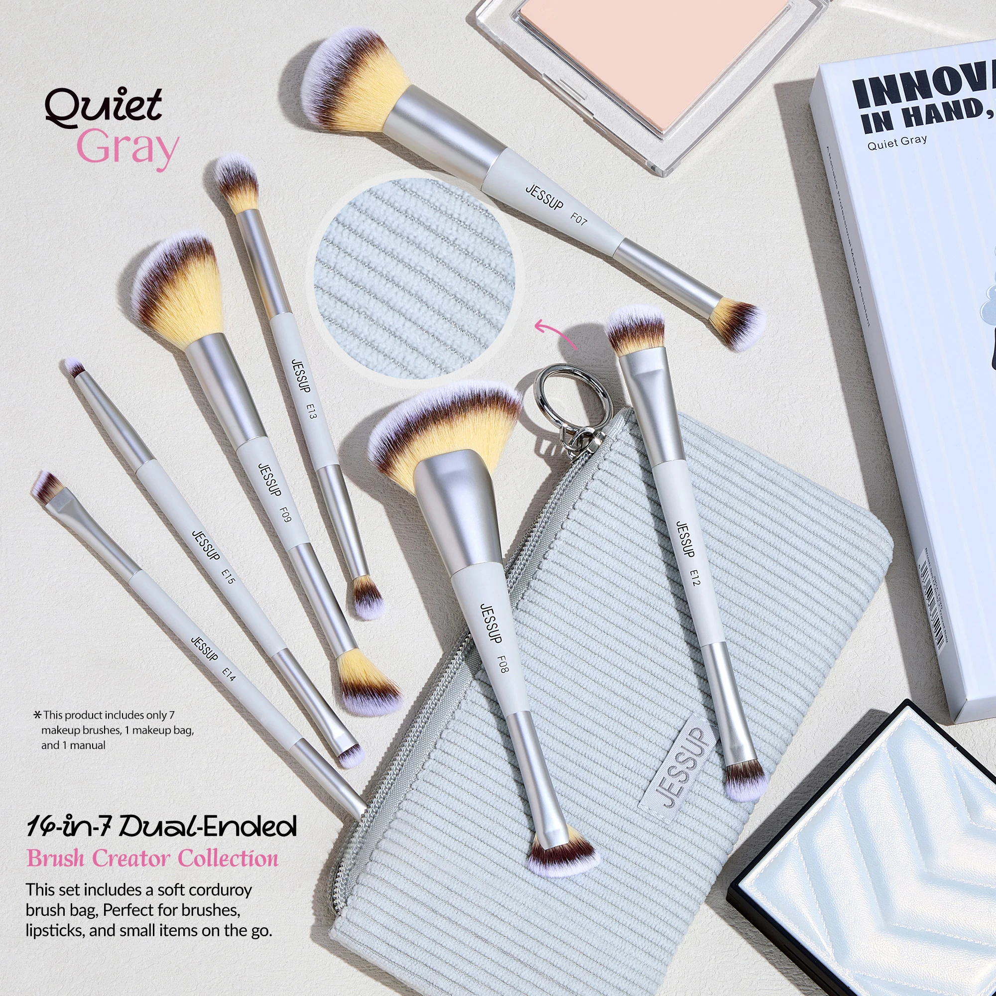 ジェサップ メイクブラシセット 3/7本 両端合成毛 ファンデーション ブラッシュ ハイライト ブレンディング アイブロウブラシ バッグ付き、静かなグレー T520