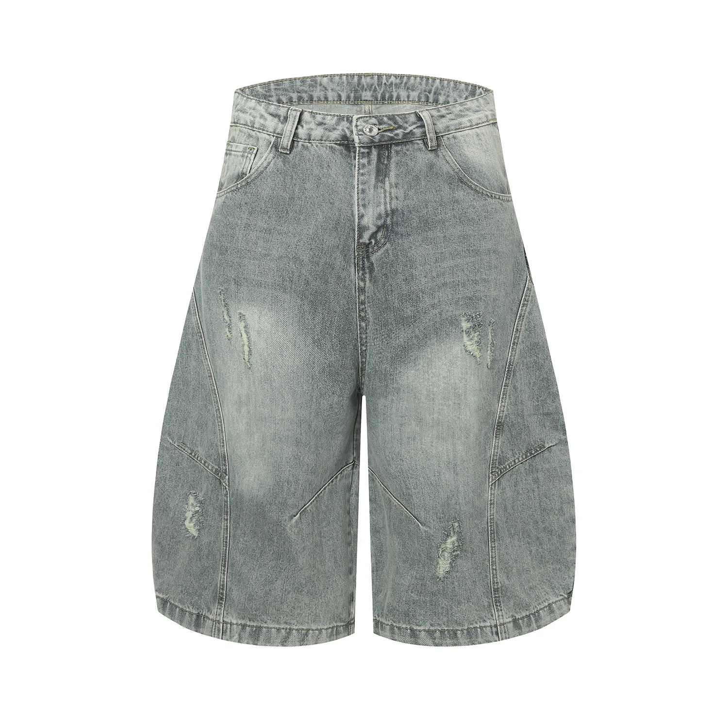 Celana Pendek Denim Harem Pisau Melengkung Dekonstruktif Celana Pendek Jeans Cuci Antik Biru Robek Celana Pendek Jeans Crop Kaki Lebar Longgar Hip Hop