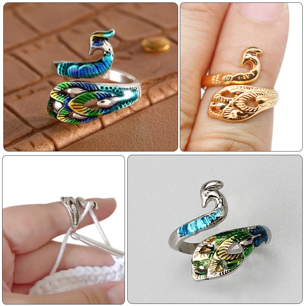 8pcs Vintage Peafowl Knitting Rings Adjustable Finger Loop Yarn Guide For Crochet Woolen Craft Sewing Tool Braided Ring