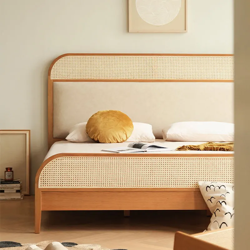سرير الروطان الياباني القديم من خشب الكرز والأثاث الخشبي الصلب شقة صغيرة 1.5 متر 1.8 غرفة نوم رئيسية سرير مزدوج لحفلات الزفاف