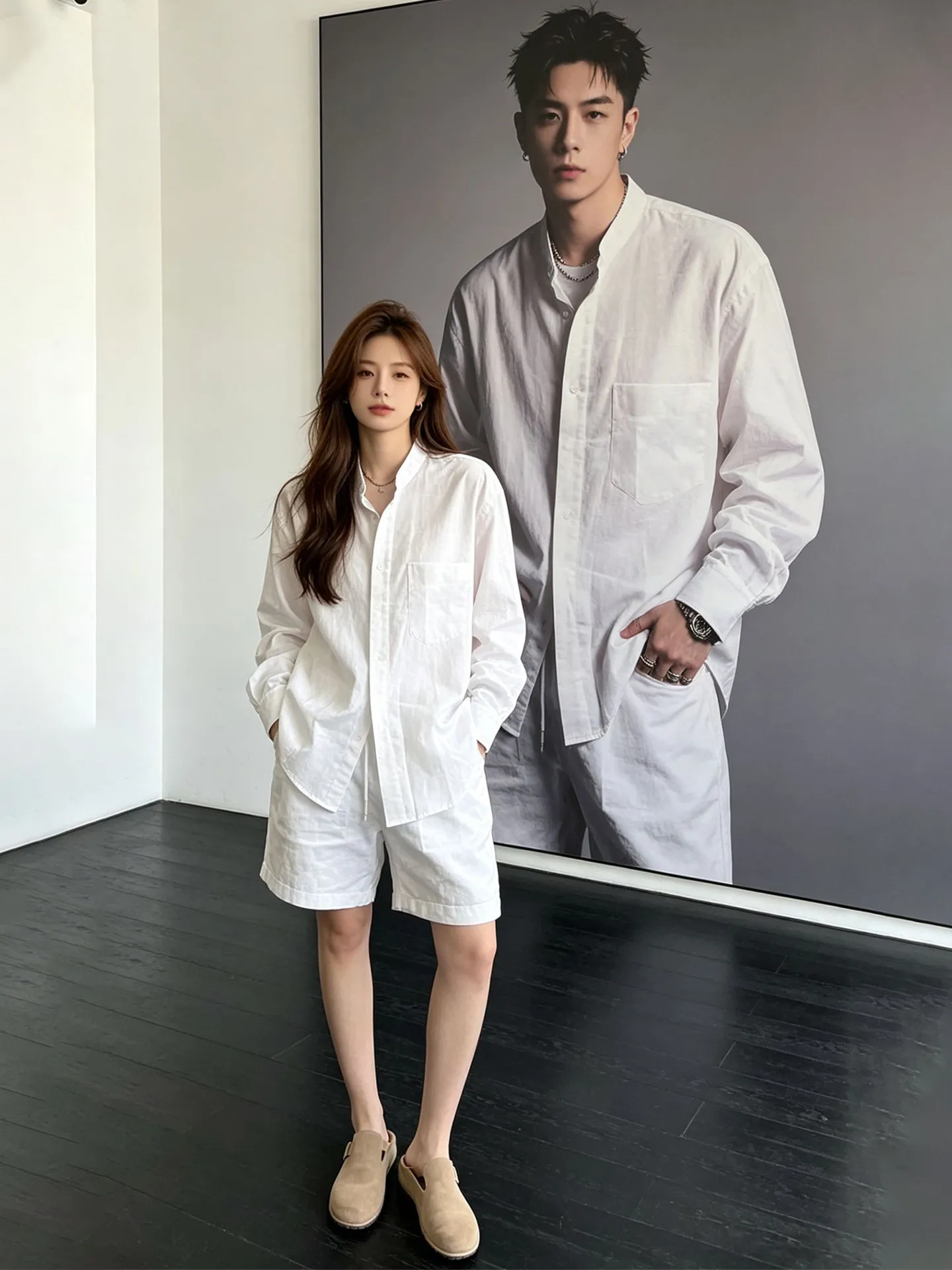White Casual Long Sleeve Linen-Like Shirt Stand Collar Loose Drapey Men's Autumn Fashion Outerwear Youth Popular Style