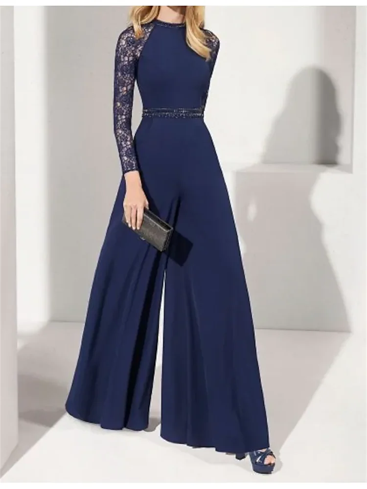 

Jumpsuits Elegant Wedding Guest Formal Evening Dress Jewel Neck Long Sleeve Floor Length Chiffon with Sash / Ribbon Beading