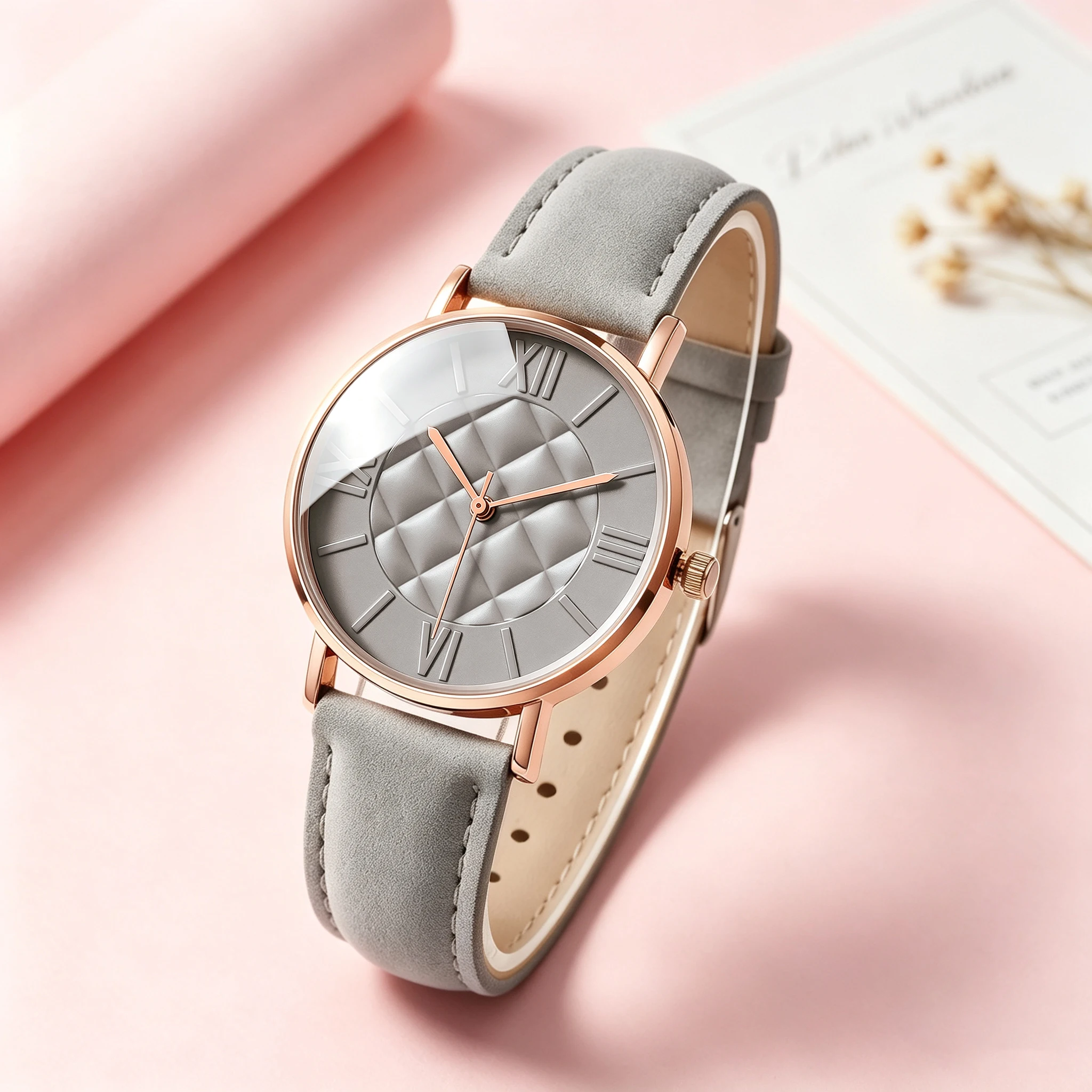 Women Quilted Diamond Pattern Dial Quartz Watch Rose Gold Tone Case Roman Numeral Elegant Ladies Watch