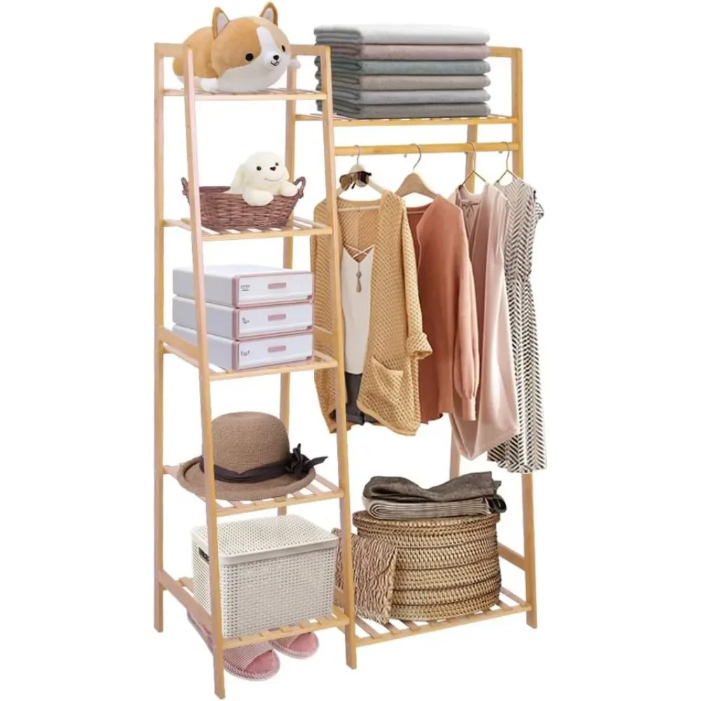 

Bamboo Garment Rack 7-Tier Storage Shelves Clothes Hanging Rack, Heavy Duty Clothing Rack Minimalism Wardrobe Closet Organizer