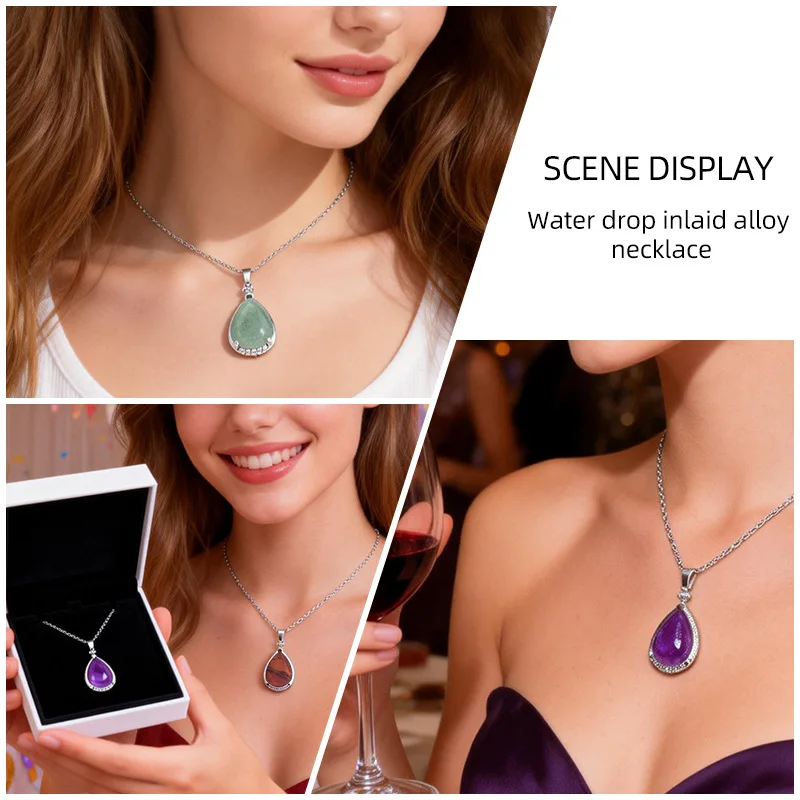 6pcs Natural Crystal Teardrop Pendant Copper Inlaid Zircon Amethyst Gemstone Clavicle Chains Necklaces for Women Fashion Jewelry