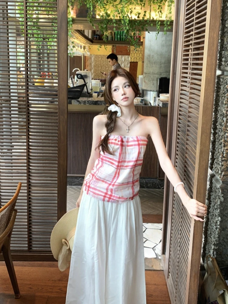 

2025 Summer New Striped Grid Strapless Top+White Versatile Wide Leg Pants Set for Women Casual Fashion Two Piece Set