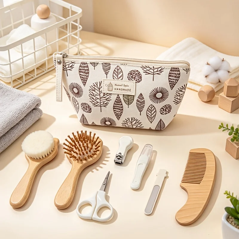 7in1 Infant daily care tools, solid wood baby massage air cushion comb, soft bristle brush, nail clipper / scissors / nail file