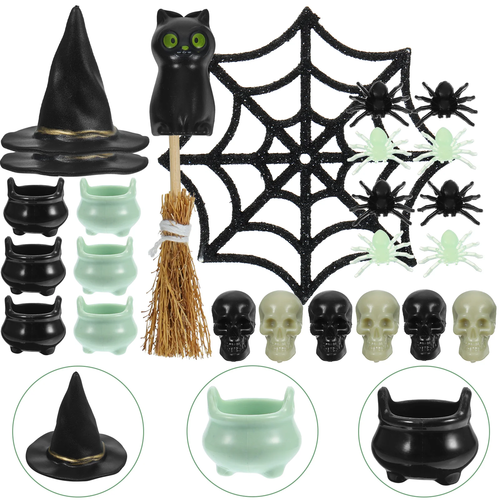 Landscape Decor Halloween Party Decoration Witch Hat Spider Web Props Plastic Black Spider Mini Broom Cauldron House