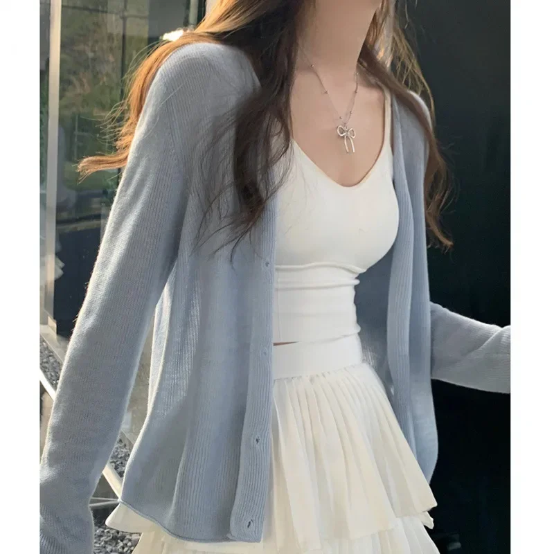 Knit cardigan Outerwear Women Summer Ice Silk Sunscreen Thin Small Shawl with Sling Skirts Outdoor Cover up Short Jacket